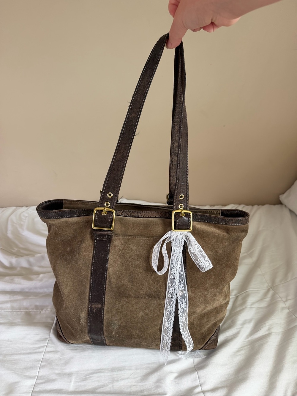 Vintage Coach Brown Taupe Suede Shoulder Tote Bag with Dark Brown Trim